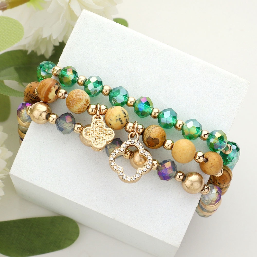 Quatrefoil Charm Faceted Beads Natural Stones Stretch Multi Layered Bracelets